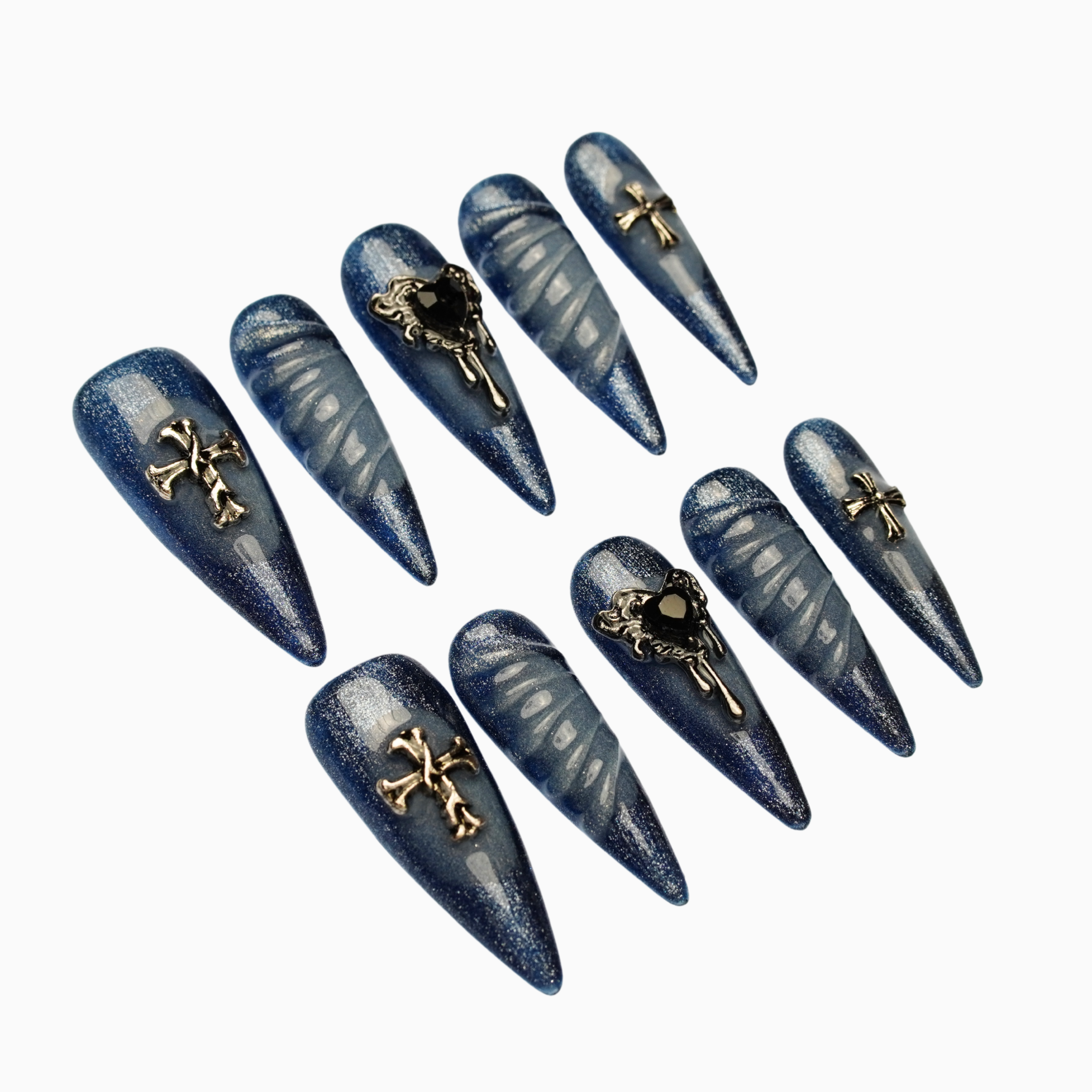 3D Cross Heart Blue Nails